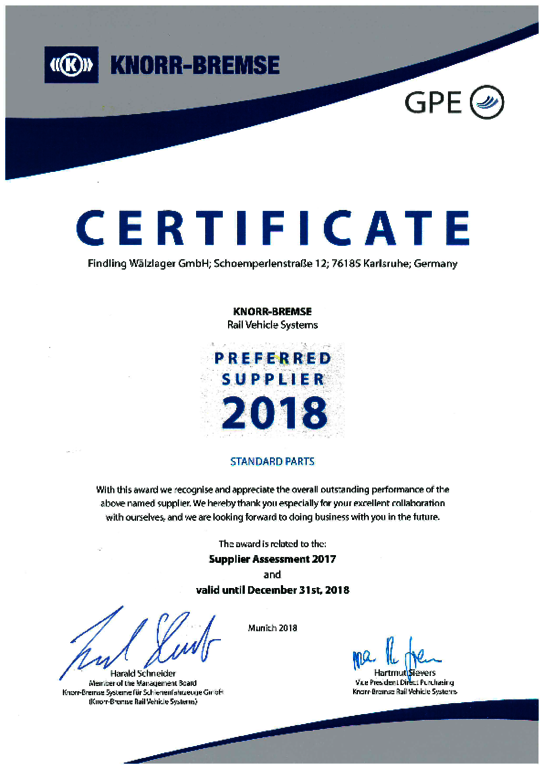Knorr Bremse Zertifikat als Preferred Supplier 2018